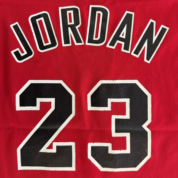 Champion Michael Jordan Chicago Bulls #23 Red Cursive Throwback Jersey Gold Logo - Picture 9 of 9